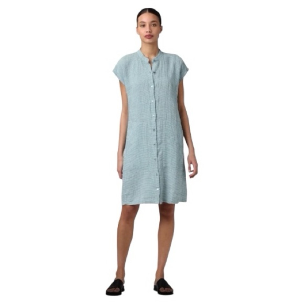 Eileen‎ Fisher Shirtdress Women's Size XS Petite Teal Blue Gingham Linen Boxy